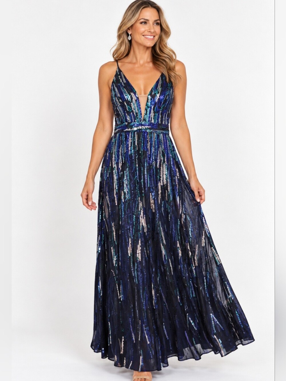 Dress The Population Samira Sequin Gown L Blue Green Maxi Formal Evening Dress
